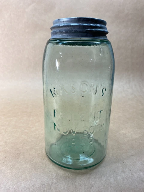 Vintage Zinc Lid Atlas Mason Jar Quart Blue Green glass 1858 Mold 473 Vintage Zinc Lid Atlas Mason Jar Quart Blue Green glass 1858 Mold 473