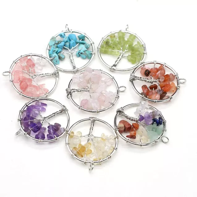 7Pcs Charms Natural Chip Crystal Stone Pendants Hand Knitting Life Tree Jewelry