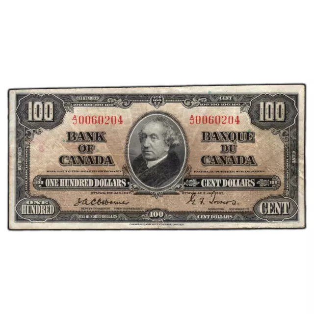 $100 1937 Bank of Canada Note Osborne Signature BC-27a - Trimmed