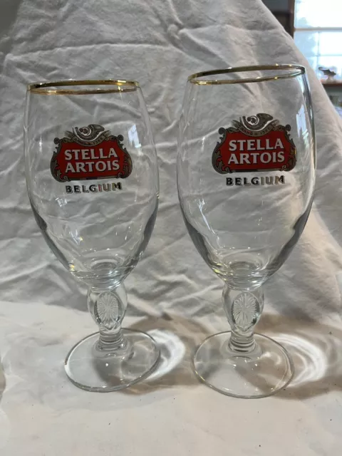 Pair Of STELLA ARTOIS Belgian Chalice Stemmed Gold Rim Beer Glass 33 Cl