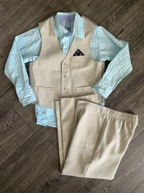 class club size 5 boys 3 piece vest pant outfit  beige blue checker Dillards