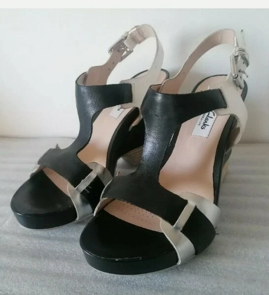 CLARKS ROSALIE PETAL Womens Black Leather Combi Heel Casual