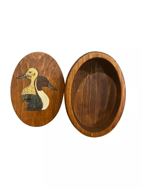 Vintage Mallard Ducks Hand Carved Wooded Oval Trinket Ring Keys Box
