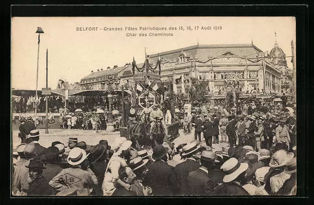 CPA Belfort, Grandes Fetes Patriotiques Aout 1919, Char des Cheminots