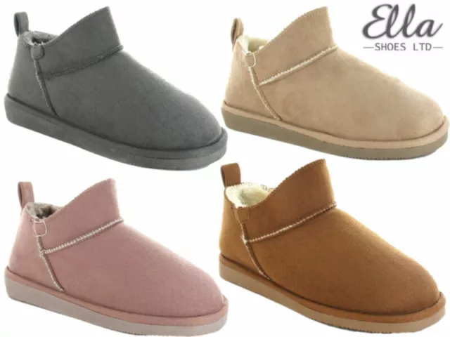 Ladies Ella Boot Slippers Bootie Faux Suede Fur Lined Ankle Slip Ons Warm Cosy