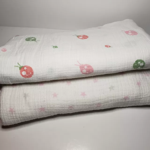 ADEN AND ANAIS (2) Swaddle Muslin Cotton Blankets PINK STARS + LADYBUGS