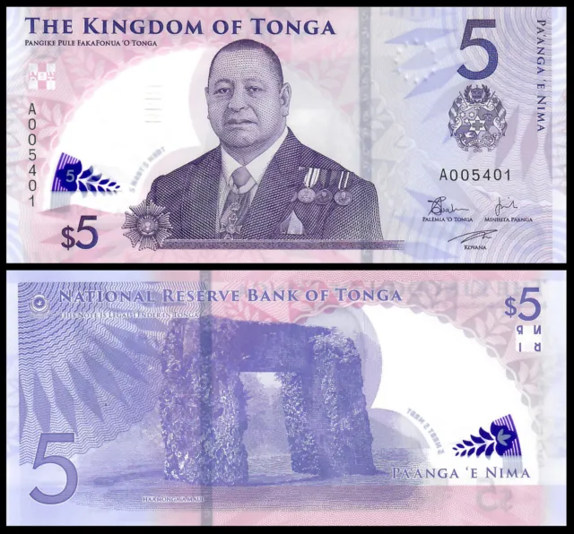 Tonga, 5 Pa'anga 2023 2024, UNC, Polymer, P-NEW Design, Prefix A 00****