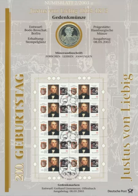 Germany: 2003 Silver €10 Euro Justus Von Liebig 200 Years Numisblatt 3/2003