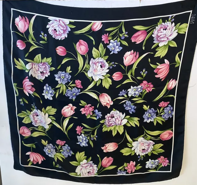 ECHO Japan Women’s Silk Scarf 30” Peonies Dahlias Tulips Black Floral Square