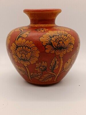 Hand Painted Clay Vase 4.5IN w/ Flowers