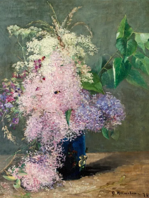 Vase of Pink Flowers Still Life 18 x 24 in Rolled Canvas Print Vintage Painting