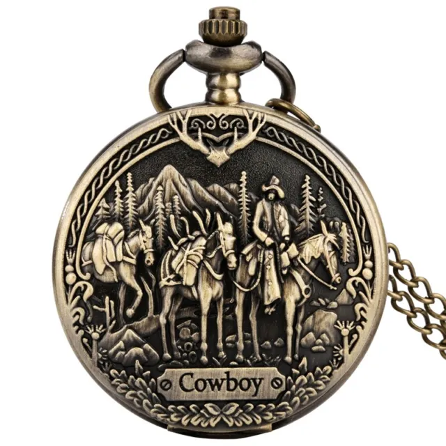 Vintage Cowboy Pattern Quartz Pocket Watch with Necklace Bronze Chain Mens Gifts