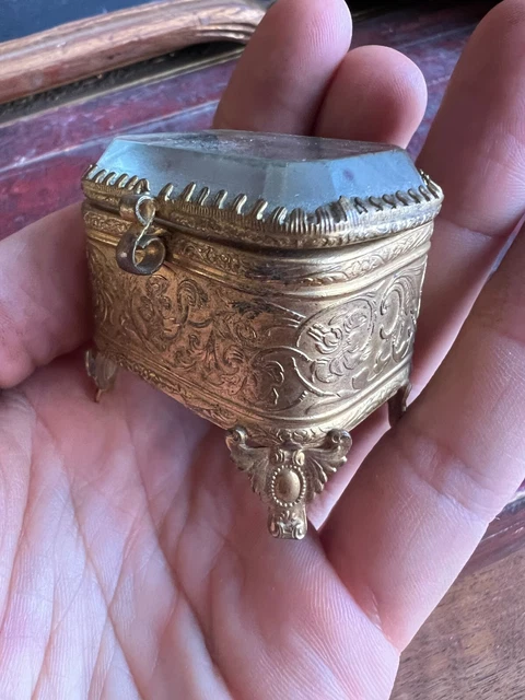 19th Eme Antique Gold Brass & Beveled Glass Miniature Jewelry Box 19th 3