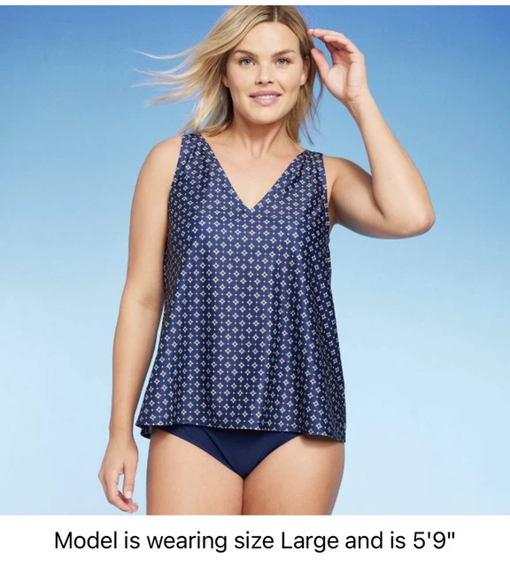NWT Women's Flattering Flowing Tie Back Tankini Top Kona Sol Navy Blue XL 16
