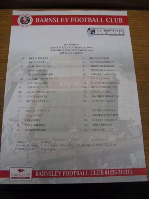 30/09/2000 Colour Teamsheet: Barnsley v Grimsby Town (folded)