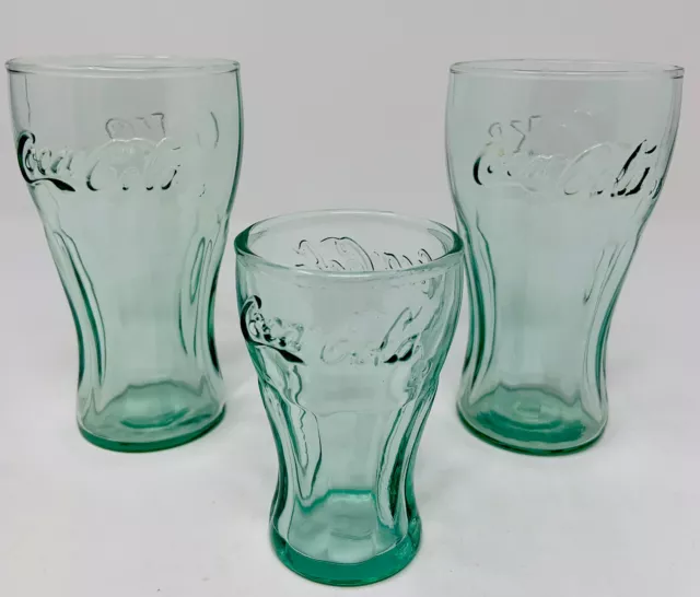 Lot Of 3 COCA COLA Coke Green Drinking Glasses (2) 4 1/2 in. and (1) 3 in. Mini