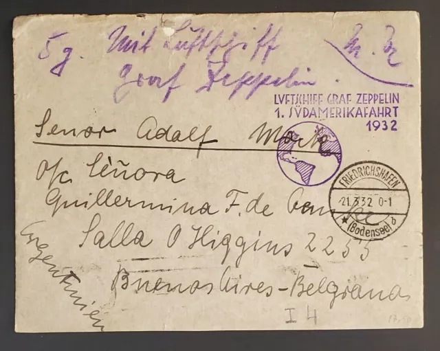 1932 Germany Argentina LZ 127 Graf Zeppelin South America Flight Airmail Cover