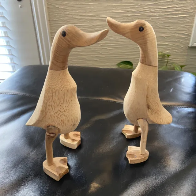 2 Wooden Carved Bamboo Standing Ducks Home Decor Figurines Statuettes Nature