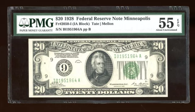 DBR 1928 $20 FRN Minneapolis Numeral Fr. 2050-I PMG 55 EPQ Serial I01951964A