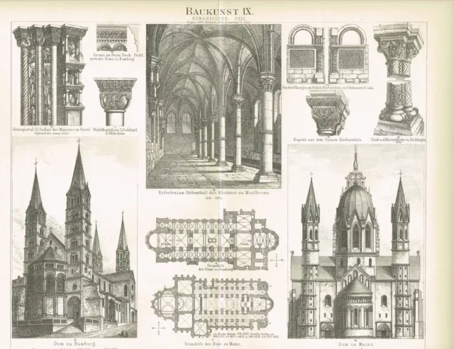 Tafel ARCHITEKTUR / ROMANIK / DOM BAMBERG / MAINZ 1888 Original-Holzstich