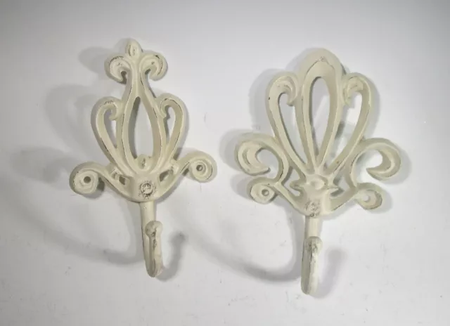 White Cast Metal Open Work Shabby Chic Wall Hooks Set of 2 Decorative New