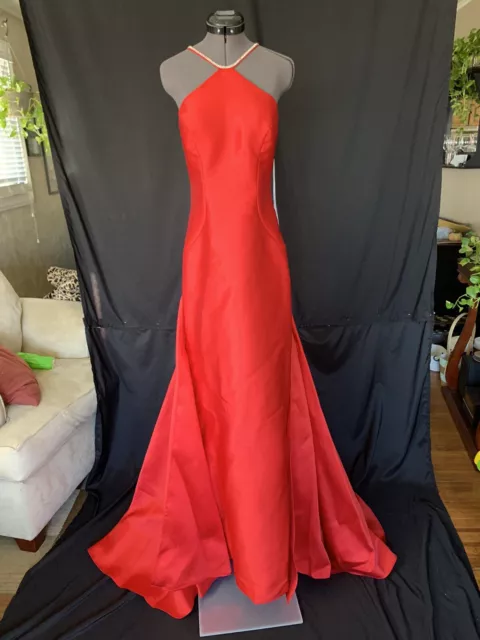 Camille La Vie unaltered size 2 red prom/pageant gown rhinestone halter backless