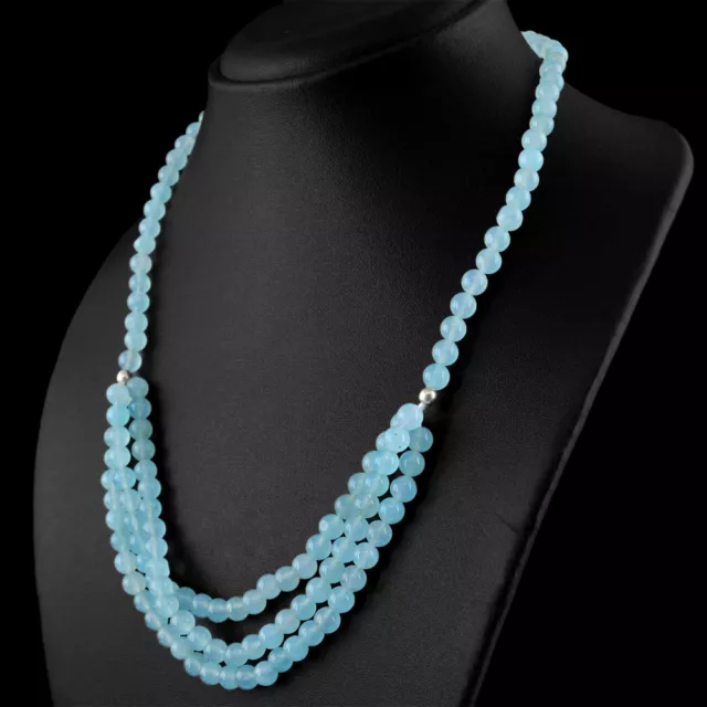 222.00 Cts Natural 20 Inches Long Round Shape Blue Aquamarine Beads Necklace(RS)