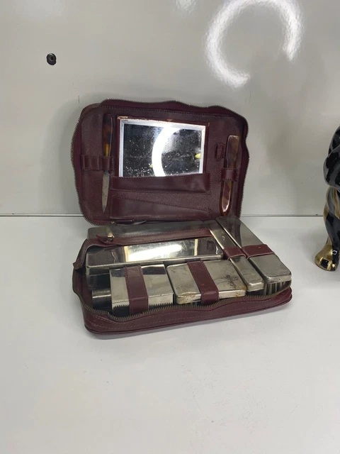 Trousse De Toilette Vintage Cuir Noir Soco Tanneur Années 1940-1960 France