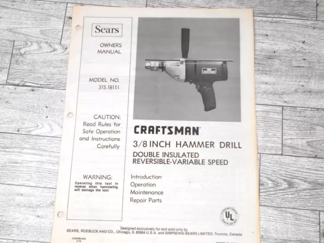 Guía manual del propietario de taladro de martillos Sears Craftsman modelo 315.18111 3/8 pulgadas