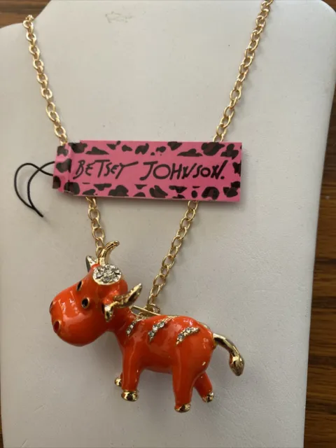 New Betsey Johnson Alloy Crystal Enamel Cow Animal Pendant Chain Necklace/Brooch