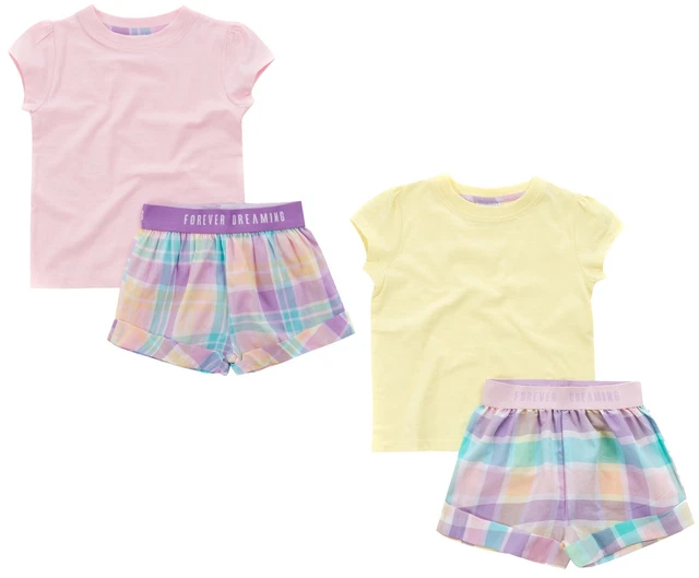 Girls Short Pyjamas Yellow Pink PJ's Nightwear Checked Girls Pyjamas