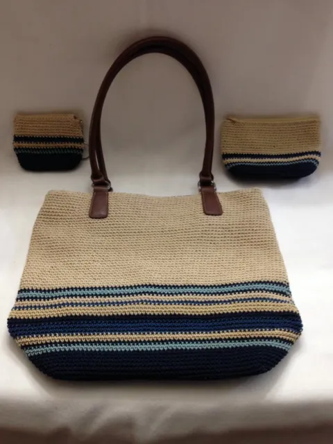 Worthington Crochet Cottage Core Blue Beige Double Handle Handbag With Extras