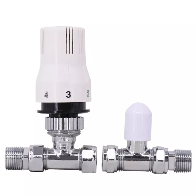 Thermostatic Radiator Valve 15 mm Straight White Chrome Rad TRV + Lockshield