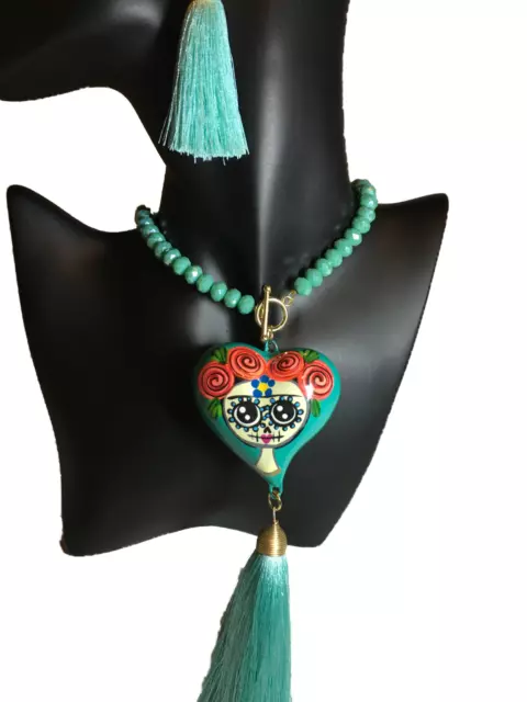 Catrina Totenkof Frida Kahlo Halskette Herzanhänger und Ohrringen mit  Quasten