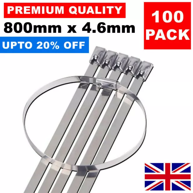 100 X Stainless Steel Metal Cable Ties 800Mm X 4.6Mm Heat Wrap Exhaust Zip Tie