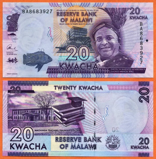 MALAWI  2016 UNC 20 Kwacha Banknote Paper Money Bill P- 63c