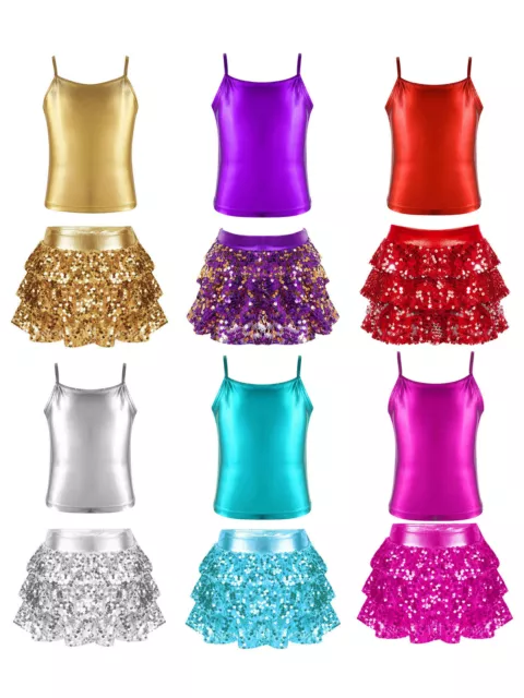 Kids Girls Tank Top And Skirts Sequins Dance Outfit Carnival Metallic Ruffle 2