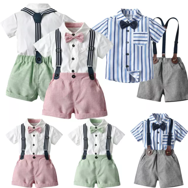 Toddler Baby Boys Gentleman Bow Tie Solid T-Shirt Tops+Suspender Shorts Outfits