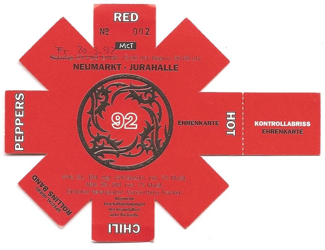 Red Hot Chili Peppers  In Concert 1992  Ticket / Konzertkarte / Eintrittskarte