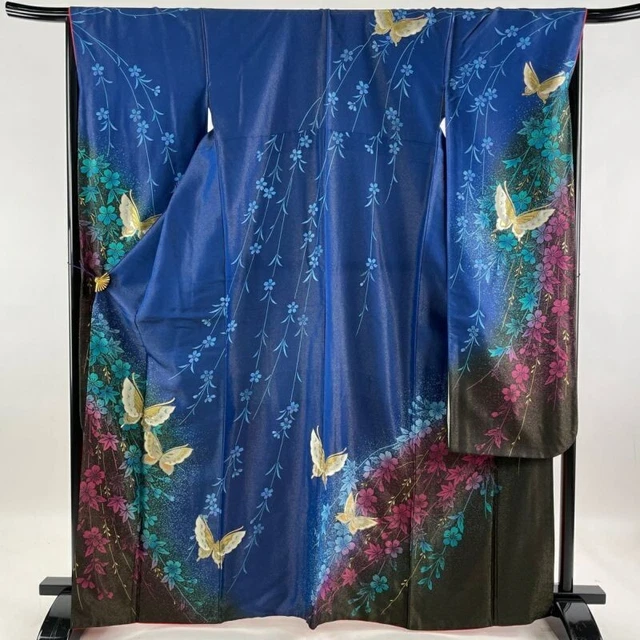 Woman Japanese Kimono Furisode Silk Butterfly CherryBlossom Gold Thread Blue