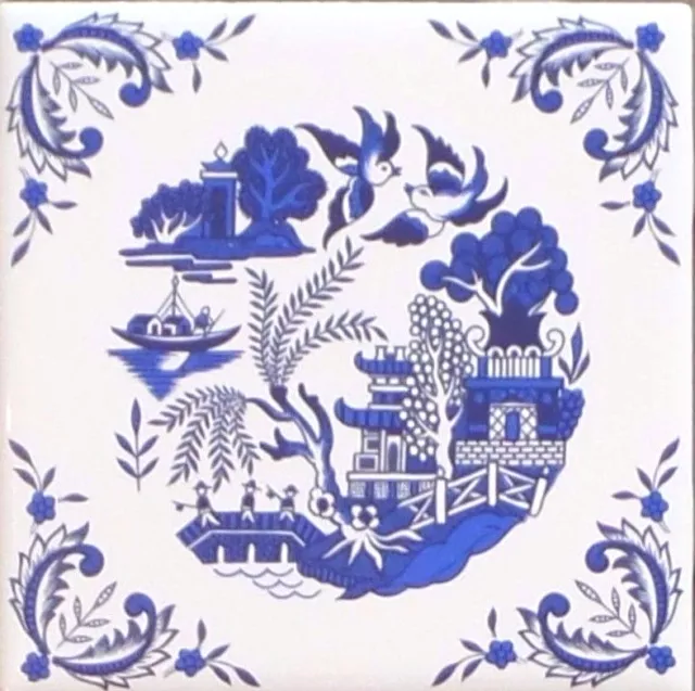 Blue Willow Ceramic 4.25" Accent Tile Kiln Fired Decor with Decorative Corners