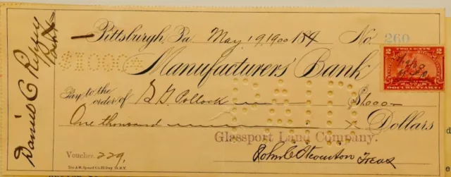 Antique Check, Manufacturers Bank, Glassport Land Co, with Revenue Stamp 1900