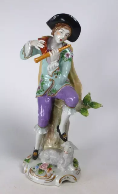 German Sitzendorf Porcelain Figure Man With Flute & Lamb  - Perfect