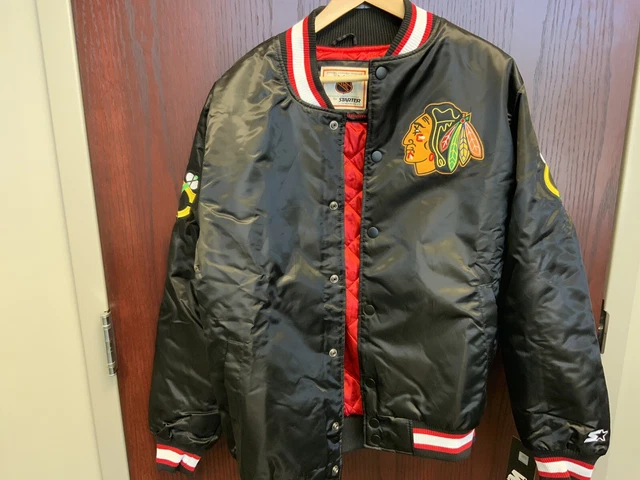 Starter Mens Black Label Retro Chicago Blackhawks Black Satin Jacket Size L RARE Starter Mens Black Label Retro Chicago Blackhawks Black Satin Jacket Size L RARE