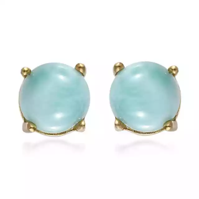 925 Silver Yellow Gold Plated Natural Larimar Stud Earrings for Women Ct 1.5