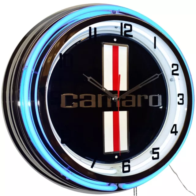 19" Chevrolet Camaro Logo Sign Double Neon Clock Garage Man Cave Decor (Blue)