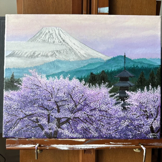 MOUNT FUJI WITH Cherry Blossoms Japanese Painting On 11x14 Canvas $67. ...