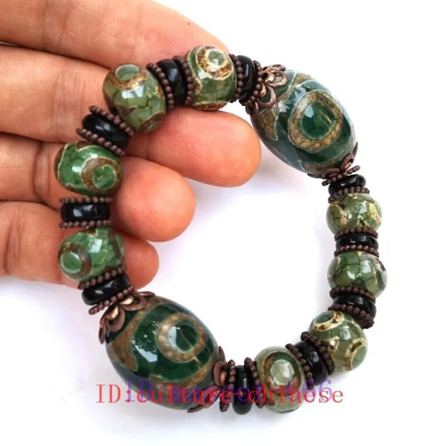 Collection Old Chinese Natural Agate Carved 3 eye Bead Bracelet Hand Chain Gift