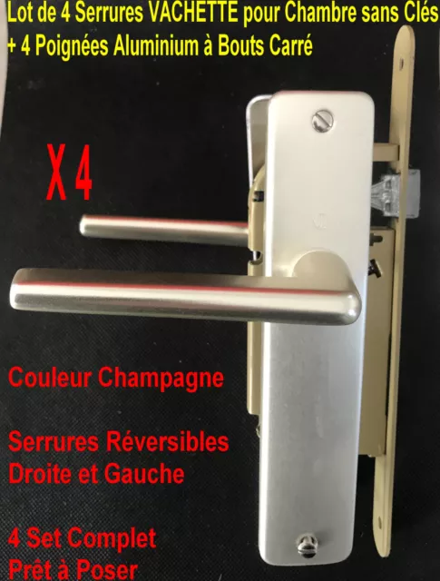 Lot 4 Serrures VACHETTE Porte Chambre sans Clé + Poignées ALU Dimension standard