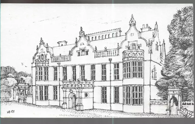 LOVELY SKETCH STYLE POSTCARD - LILFORD HALL near OUNDLE - NORTHAMPTONSHIRE 1983